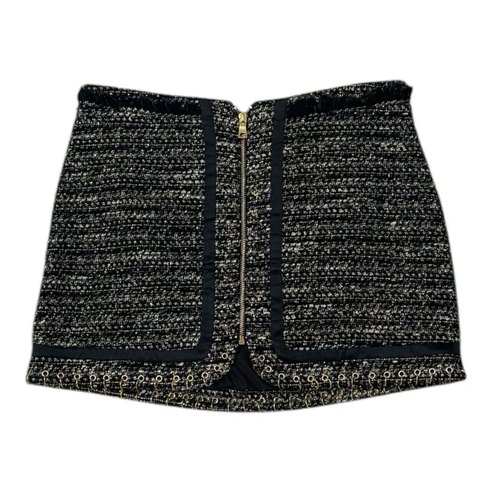 RAMY BROOK Rhonda Tweed Zip-Front Mini Skirt Gold Zipper Hardware Size 8 Black - Picture 6 of 15